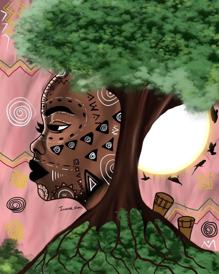 Digital painting of a woman's profile merging into a tree, by Immanuel Obani
